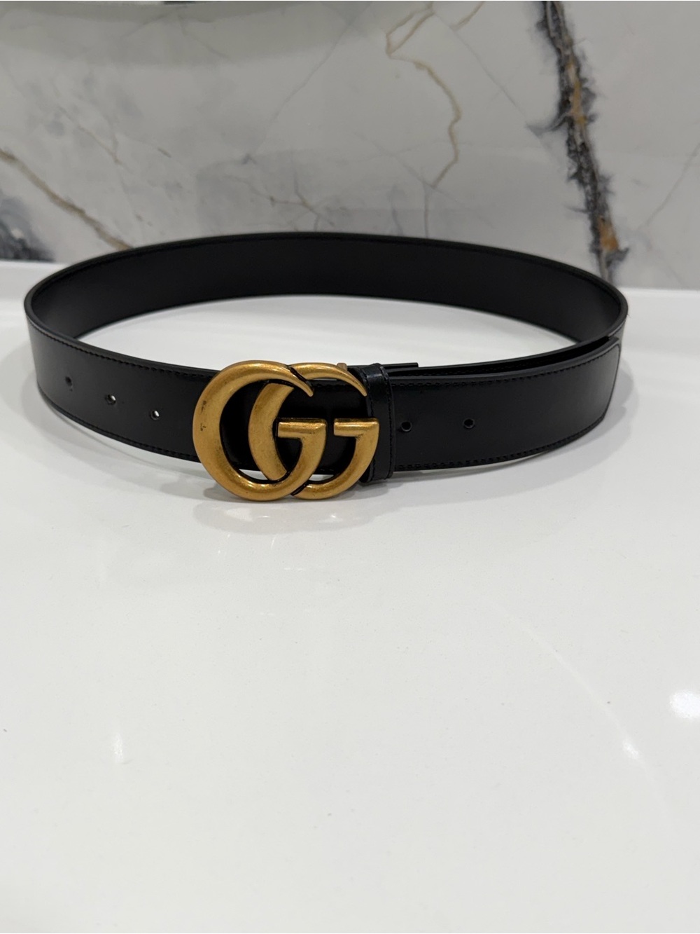 Gucci Black Leather Belt with Gold Double G Buckle
